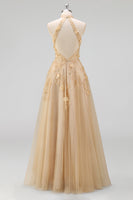 Laden Sie das Bild in den Galerie-Viewer, Halter Blush A-Linie Korsett 3D Blumen Tüll Langballkleid mit Schlitz