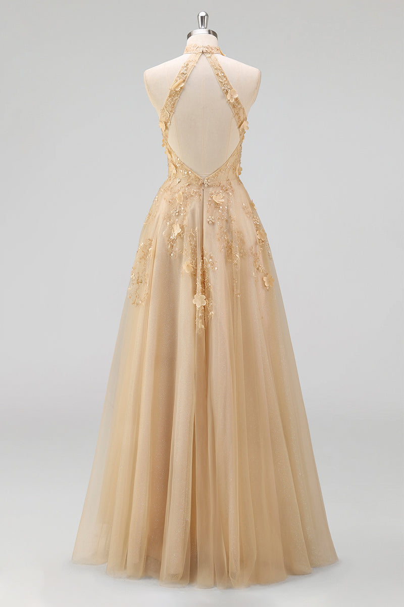 Laden Sie das Bild in den Galerie-Viewer, Halter Blush A-Linie Korsett 3D Blumen Tüll Langballkleid mit Schlitz