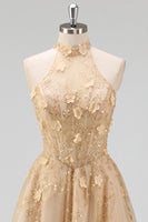 Laden Sie das Bild in den Galerie-Viewer, Halter Blush A-Linie Korsett 3D Blumen Tüll Langballkleid mit Schlitz
