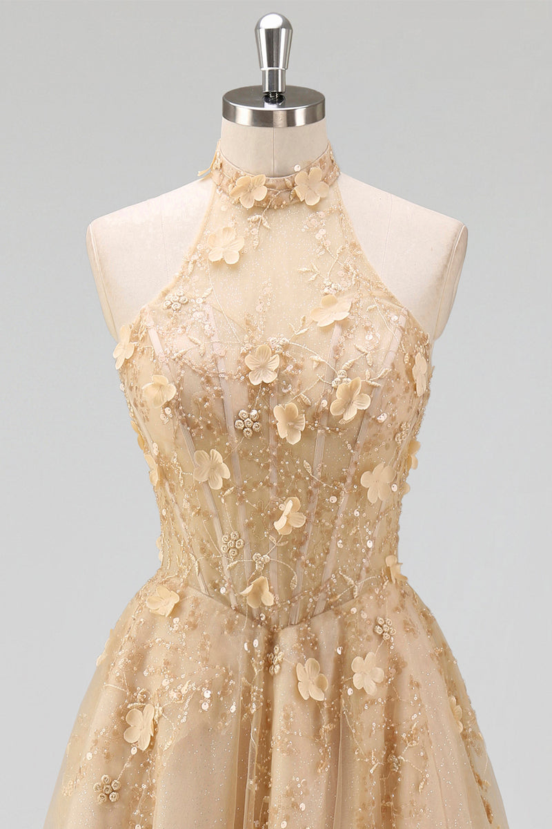 Laden Sie das Bild in den Galerie-Viewer, Halter Blush A-Linie Korsett 3D Blumen Tüll Langballkleid mit Schlitz