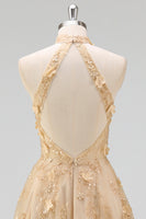 Laden Sie das Bild in den Galerie-Viewer, Halter Blush A-Linie Korsett 3D Blumen Tüll Langballkleid mit Schlitz