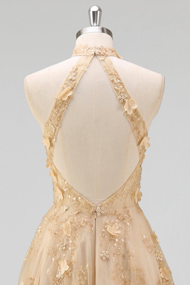 Laden Sie das Bild in den Galerie-Viewer, Halter Blush A-Linie Korsett 3D Blumen Tüll Langballkleid mit Schlitz