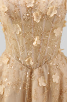 Laden Sie das Bild in den Galerie-Viewer, Halter Blush A-Linie Korsett 3D Blumen Tüll Langballkleid mit Schlitz