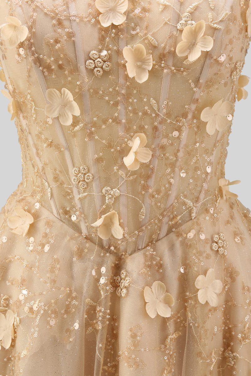 Laden Sie das Bild in den Galerie-Viewer, Halter Blush A-Linie Korsett 3D Blumen Tüll Langballkleid mit Schlitz