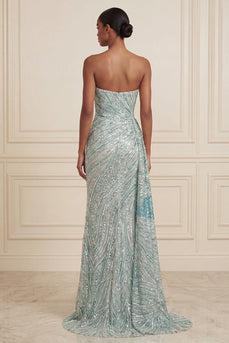 Glitzerndes Blaues Trägerloses Pailletten Langes Ballkleid mit Schlitz