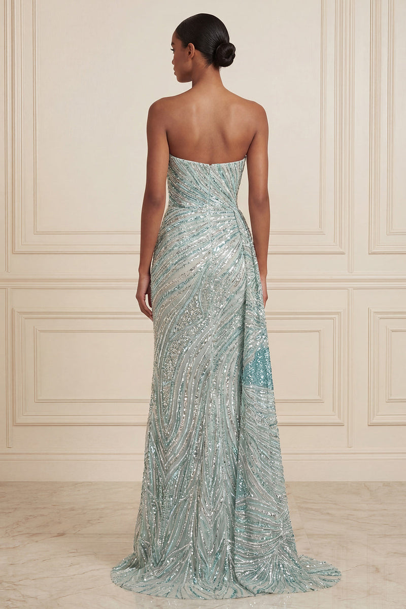 Laden Sie das Bild in den Galerie-Viewer, Glitzerndes Blaues Trägerloses Pailletten Langes Ballkleid mit Schlitz