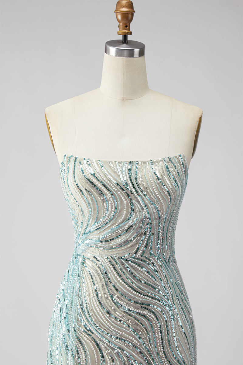Laden Sie das Bild in den Galerie-Viewer, Glitzerndes Blaues Trägerloses Pailletten Langes Ballkleid mit Schlitz