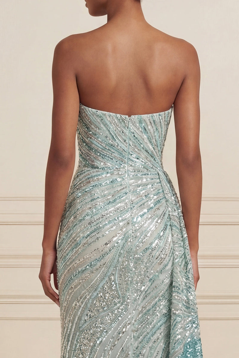 Laden Sie das Bild in den Galerie-Viewer, Glitzerndes Blaues Trägerloses Pailletten Langes Ballkleid mit Schlitz