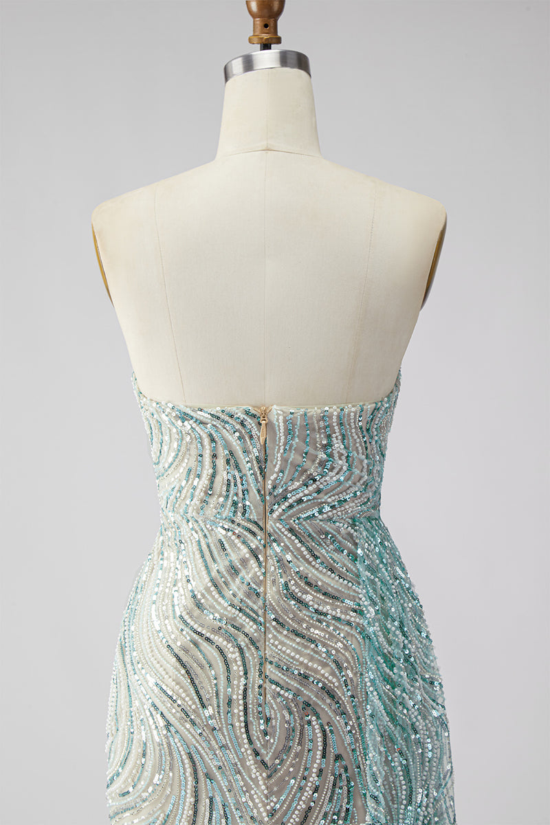Laden Sie das Bild in den Galerie-Viewer, Glitzerndes Blaues Trägerloses Pailletten Langes Ballkleid mit Schlitz