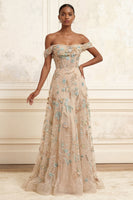 Laden Sie das Bild in den Galerie-Viewer, Off-the-shoulder Champagner-A-Line-Korsett-Appliques langes Abschlussballkleid