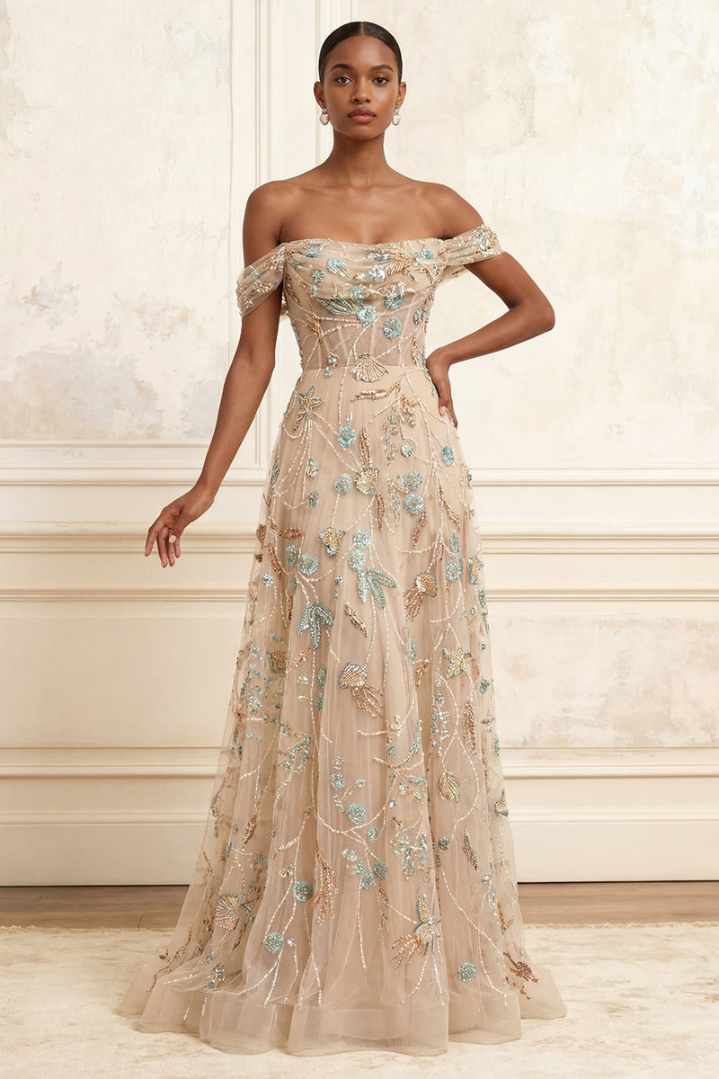 Laden Sie das Bild in den Galerie-Viewer, Off-the-shoulder Champagner-A-Line-Korsett-Appliques langes Abschlussballkleid