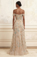 Laden Sie das Bild in den Galerie-Viewer, Off-the-shoulder Champagner-A-Line-Korsett-Appliques langes Abschlussballkleid