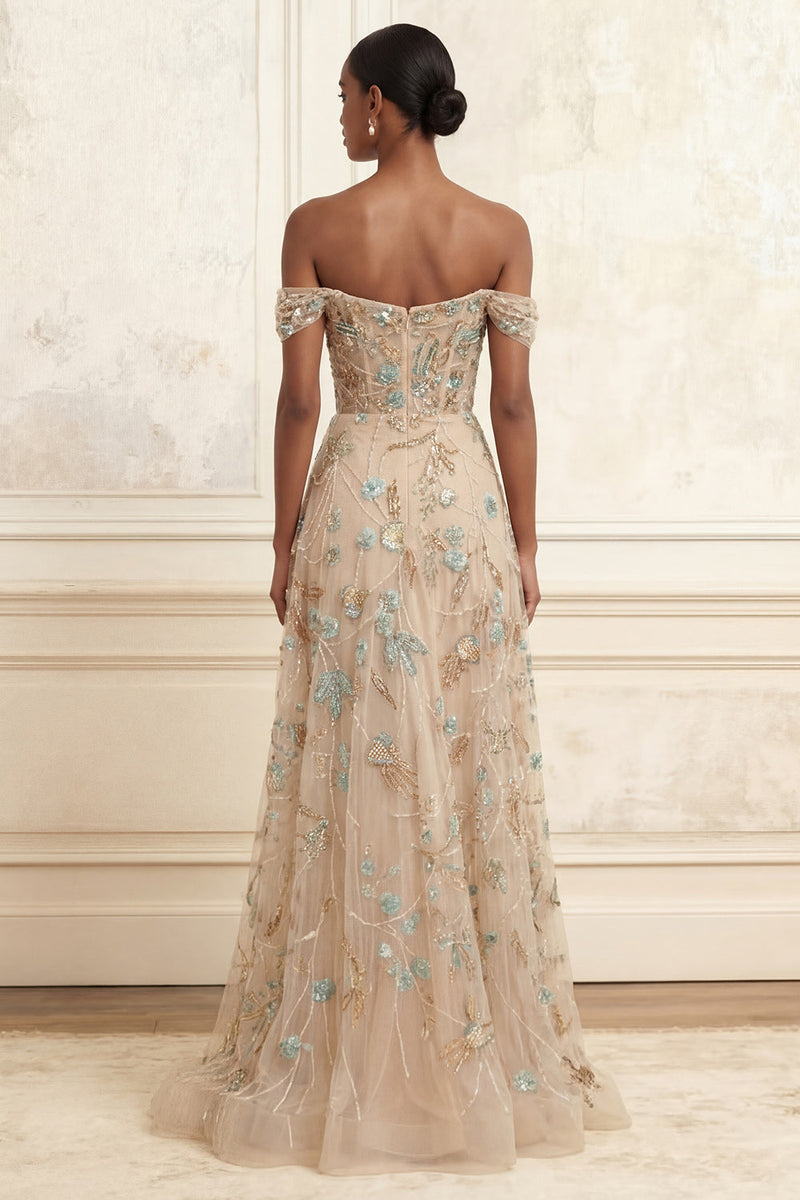 Laden Sie das Bild in den Galerie-Viewer, Off-the-shoulder Champagner-A-Line-Korsett-Appliques langes Abschlussballkleid