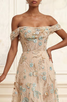 Laden Sie das Bild in den Galerie-Viewer, Off-the-shoulder Champagner-A-Line-Korsett-Appliques langes Abschlussballkleid