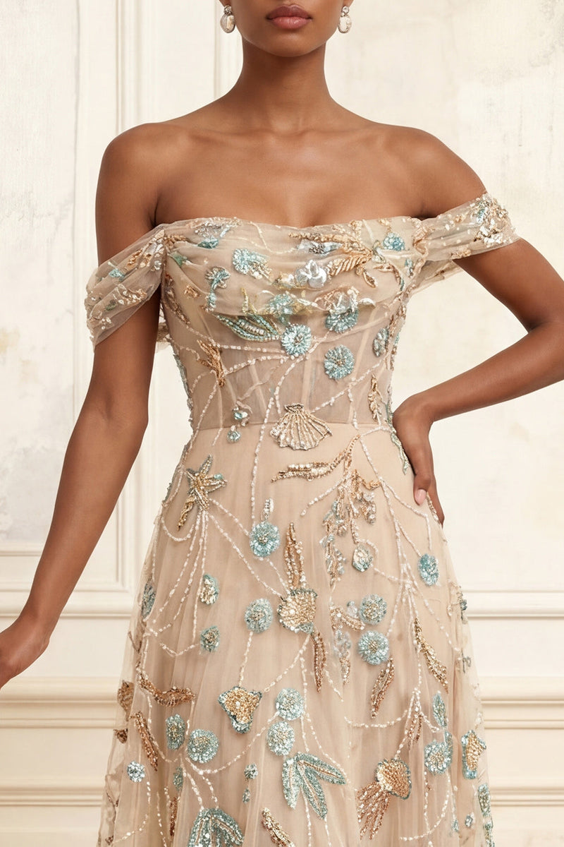 Laden Sie das Bild in den Galerie-Viewer, Off-the-shoulder Champagner-A-Line-Korsett-Appliques langes Abschlussballkleid