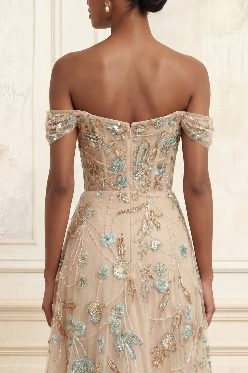 Laden Sie das Bild in den Galerie-Viewer, Off-the-shoulder Champagner-A-Line-Korsett-Appliques langes Abschlussballkleid