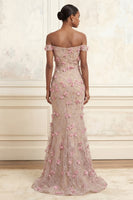 Laden Sie das Bild in den Galerie-Viewer, Schulterfreies Rosa Meerjungfrauen Floral Langes Ballkleid mit 3D-Blumen