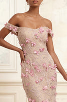 Laden Sie das Bild in den Galerie-Viewer, Schulterfreies Rosa Meerjungfrauen Floral Langes Ballkleid mit 3D-Blumen