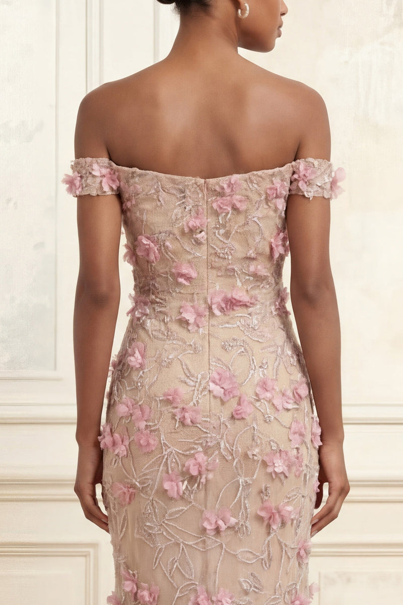 Laden Sie das Bild in den Galerie-Viewer, Schulterfreies Rosa Meerjungfrauen Floral Langes Ballkleid mit 3D-Blumen