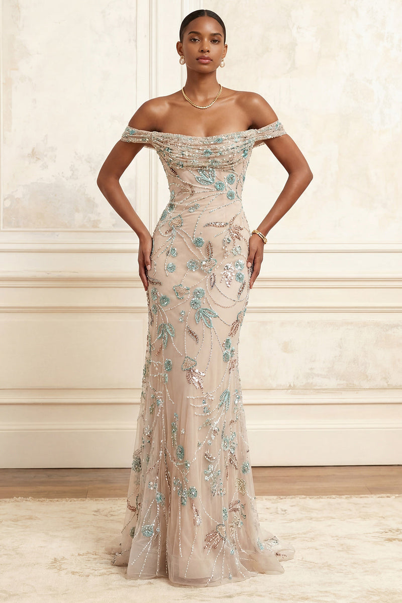 Laden Sie das Bild in den Galerie-Viewer, Schulterloses Champagner-Meerjungfrauen-Langkleid mit Pailletten