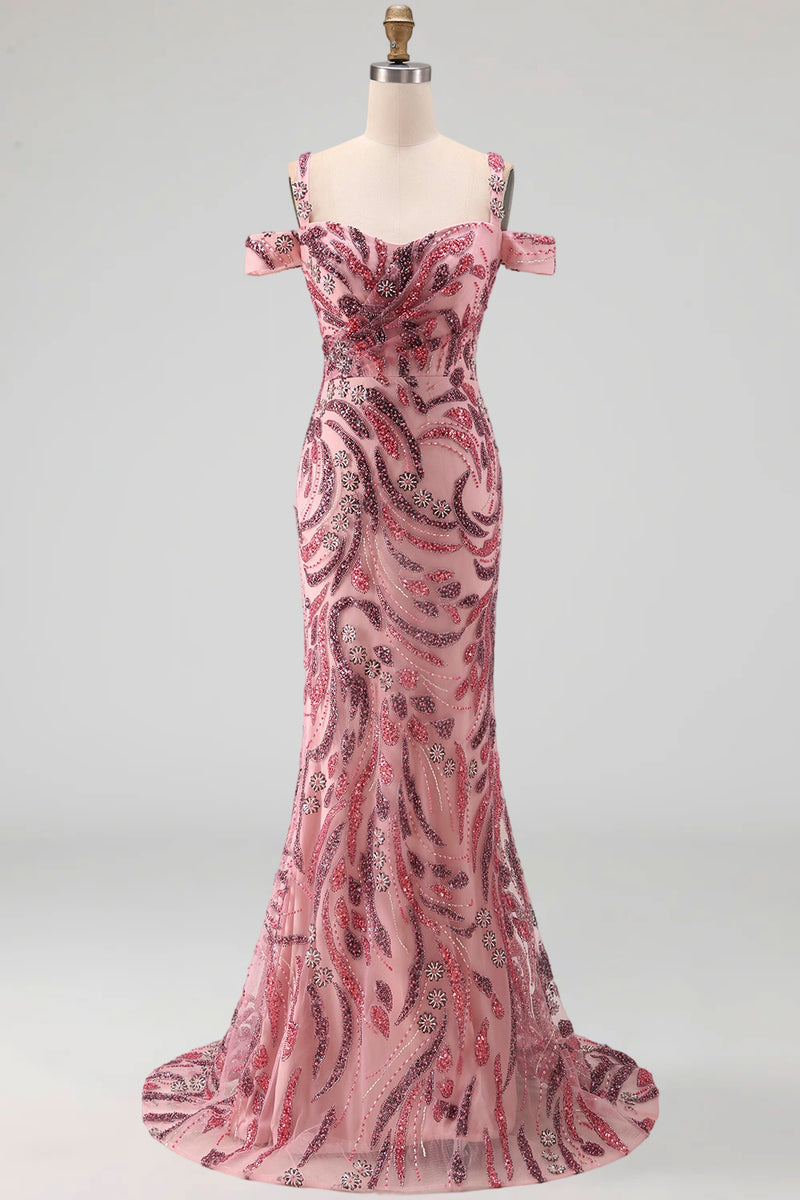 Laden Sie das Bild in den Galerie-Viewer, Glitzerndes Meerjungfrauen-Tüll, kalte Schulter rosa Pailletten, langes Abschlussballkleid mit Halsschal