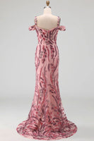 Laden Sie das Bild in den Galerie-Viewer, Glitzerndes Meerjungfrauen-Tüll, kalte Schulter rosa Pailletten, langes Abschlussballkleid mit Halsschal