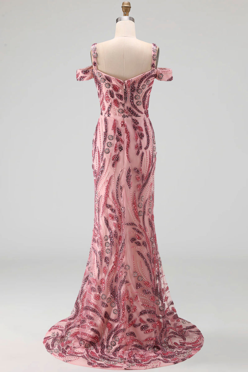 Laden Sie das Bild in den Galerie-Viewer, Glitzerndes Meerjungfrauen-Tüll, kalte Schulter rosa Pailletten, langes Abschlussballkleid mit Halsschal