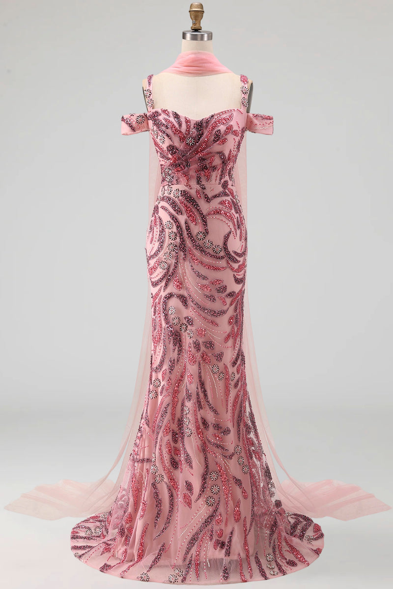 Laden Sie das Bild in den Galerie-Viewer, Glitzerndes Meerjungfrauen-Tüll, kalte Schulter rosa Pailletten, langes Abschlussballkleid mit Halsschal