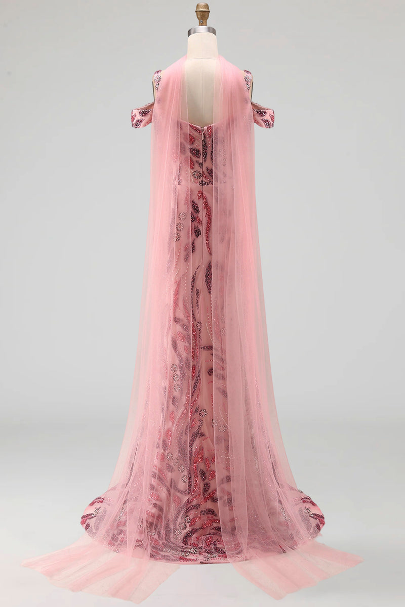Laden Sie das Bild in den Galerie-Viewer, Glitzerndes Meerjungfrauen-Tüll, kalte Schulter rosa Pailletten, langes Abschlussballkleid mit Halsschal