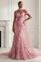 Laden Sie das Bild in den Galerie-Viewer, Glitzerndes Meerjungfrauen-Tüll, kalte Schulter rosa Pailletten, langes Abschlussballkleid mit Halsschal