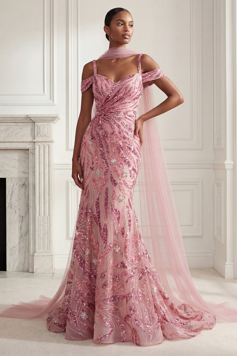Laden Sie das Bild in den Galerie-Viewer, Glitzerndes Meerjungfrauen-Tüll, kalte Schulter rosa Pailletten, langes Abschlussballkleid mit Halsschal
