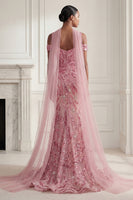 Laden Sie das Bild in den Galerie-Viewer, Glitzerndes Meerjungfrauen-Tüll, kalte Schulter rosa Pailletten, langes Abschlussballkleid mit Halsschal