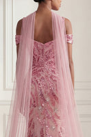 Laden Sie das Bild in den Galerie-Viewer, Glitzerndes Meerjungfrauen-Tüll, kalte Schulter rosa Pailletten, langes Abschlussballkleid mit Halsschal