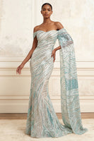 Laden Sie das Bild in den Galerie-Viewer, Glitzerndes Meerjungfrauenblaues Pailletten-Langballkleid mit Seitenumhang