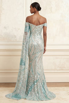 Glitzerndes Meerjungfrauenblaues Pailletten-Langballkleid mit Seitenumhang