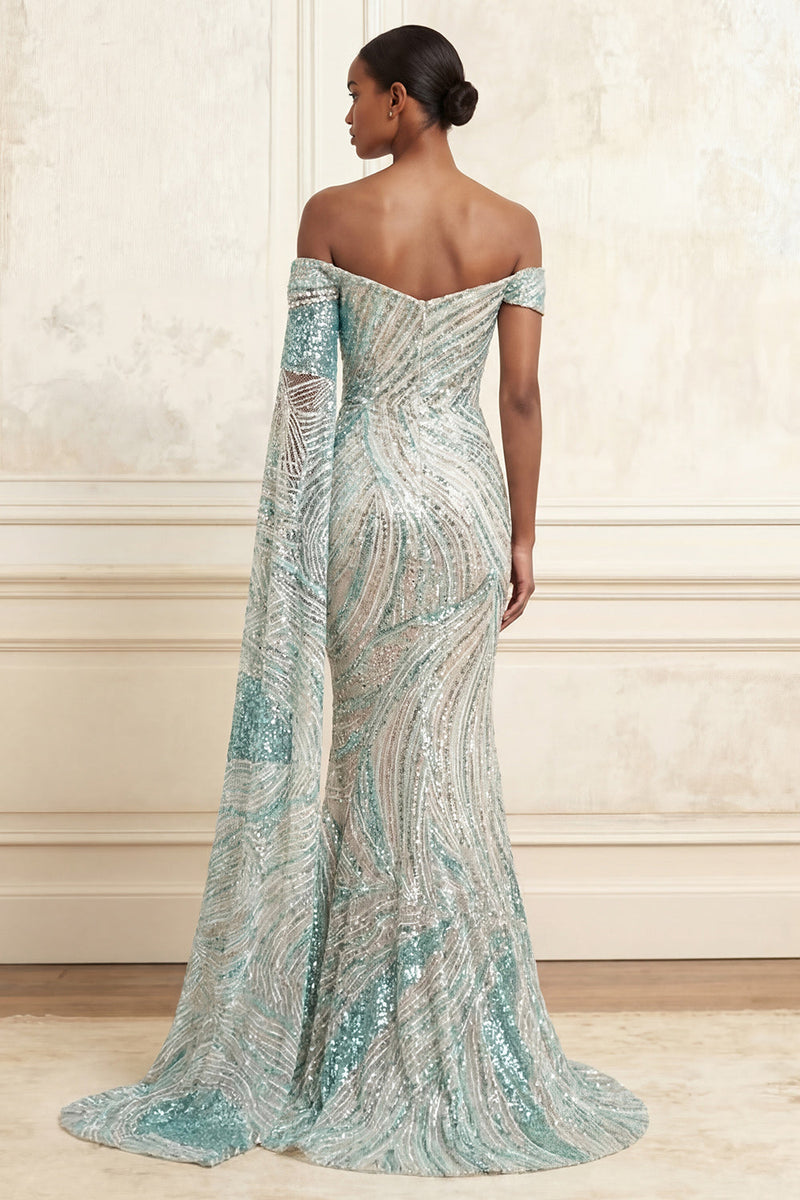 Laden Sie das Bild in den Galerie-Viewer, Glitzerndes Meerjungfrauenblaues Pailletten-Langballkleid mit Seitenumhang