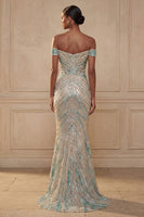 Laden Sie das Bild in den Galerie-Viewer, Glitzerndes schulterloses Meerjungfrauenblaues Pailletten-Langball-Kleid