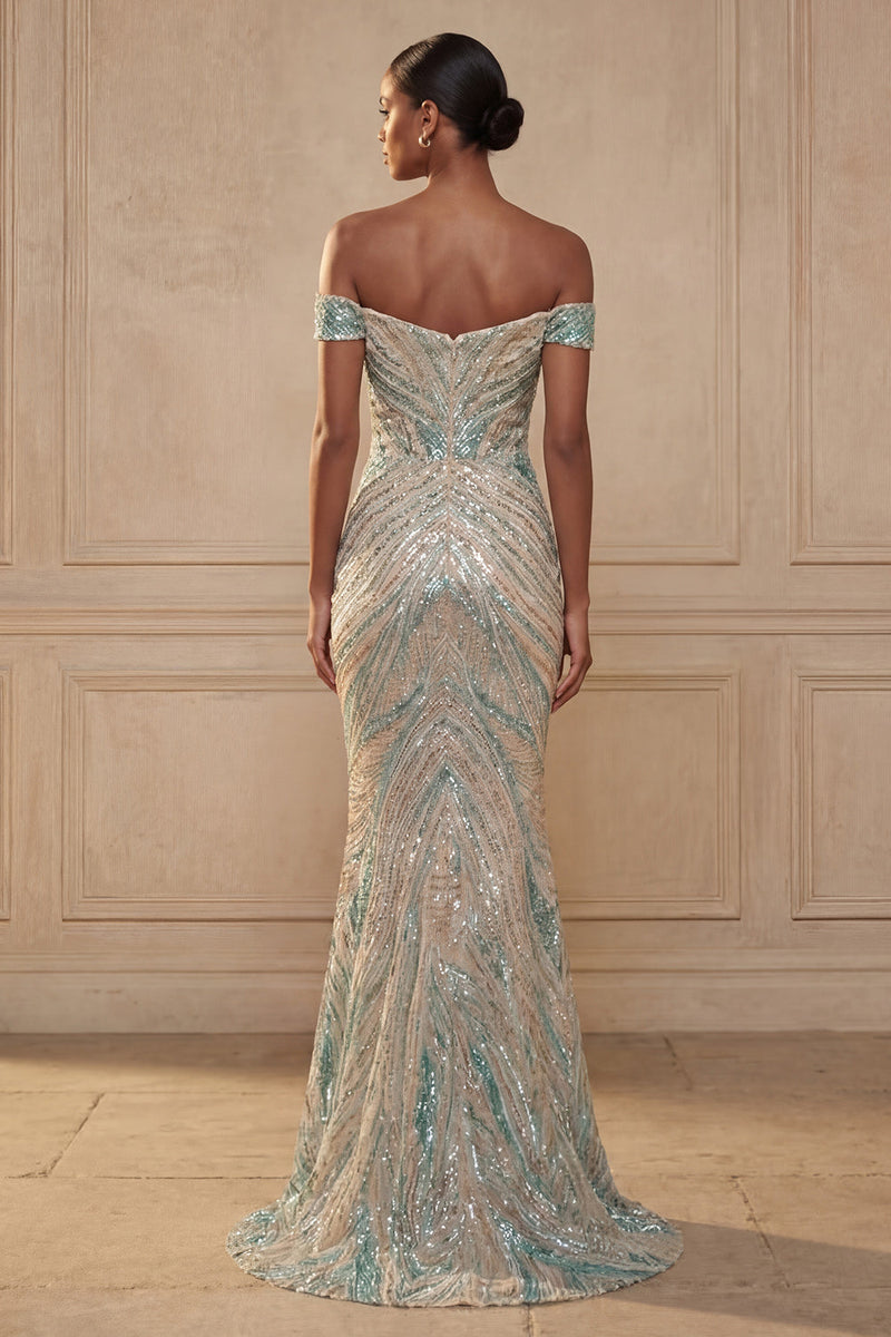 Laden Sie das Bild in den Galerie-Viewer, Glitzerndes schulterloses Meerjungfrauenblaues Pailletten-Langball-Kleid