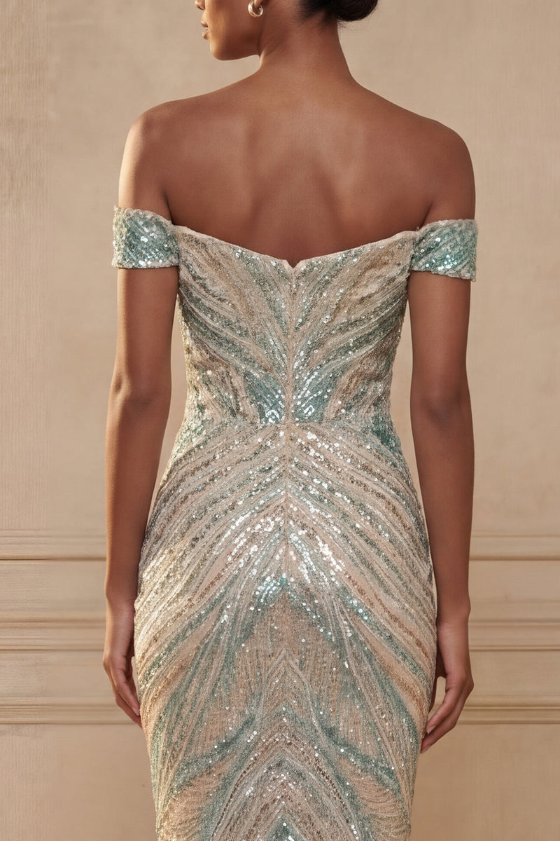 Laden Sie das Bild in den Galerie-Viewer, Glitzerndes schulterloses Meerjungfrauenblaues Pailletten-Langball-Kleid