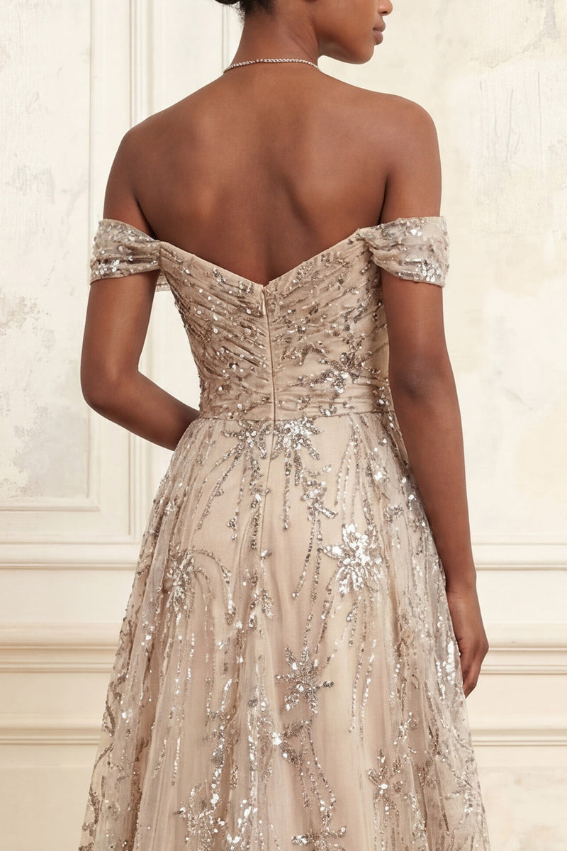 Laden Sie das Bild in den Galerie-Viewer, Glitzerndes, schulterloses Tüll-Meerjungfrauen-Champagner-gerafftes langes Abschlussballkleid mit Pailletten