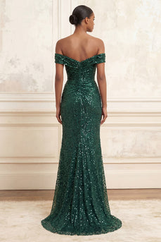 Glitzerndes dunkelgrünes Meerjungfrauen-Off-the-shoulder-Pailletten, langes Abschlussballkleid mit Schlitz
