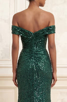 Laden Sie das Bild in den Galerie-Viewer, Glitzerndes dunkelgrünes Meerjungfrauen-Off-the-shoulder-Pailletten, langes Abschlussballkleid mit Schlitz