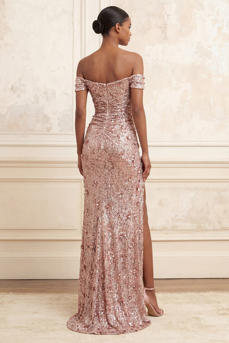 Laden Sie das Bild in den Galerie-Viewer, Glitzerndes Rouge von den Schultern Meerjungfrauen-Pailletten gerafftes langes Abschlussballkleid mit Schlitz