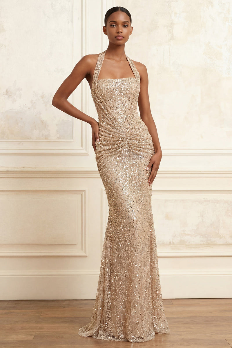 Laden Sie das Bild in den Galerie-Viewer, Glitzerndes Meerjungfrauen-Champagner-Neckholderhals-Pailletten, gerafftes langes Abschlussballkleid