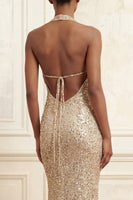 Laden Sie das Bild in den Galerie-Viewer, Glitzerndes Meerjungfrauen-Champagner-Neckholderhals-Pailletten, gerafftes langes Abschlussballkleid
