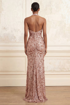Glitzerndes rouges Neckholder-Neckunderhals Meerjungfrauen-Pailletten, langes Abschlussballkleid mit Schlitz