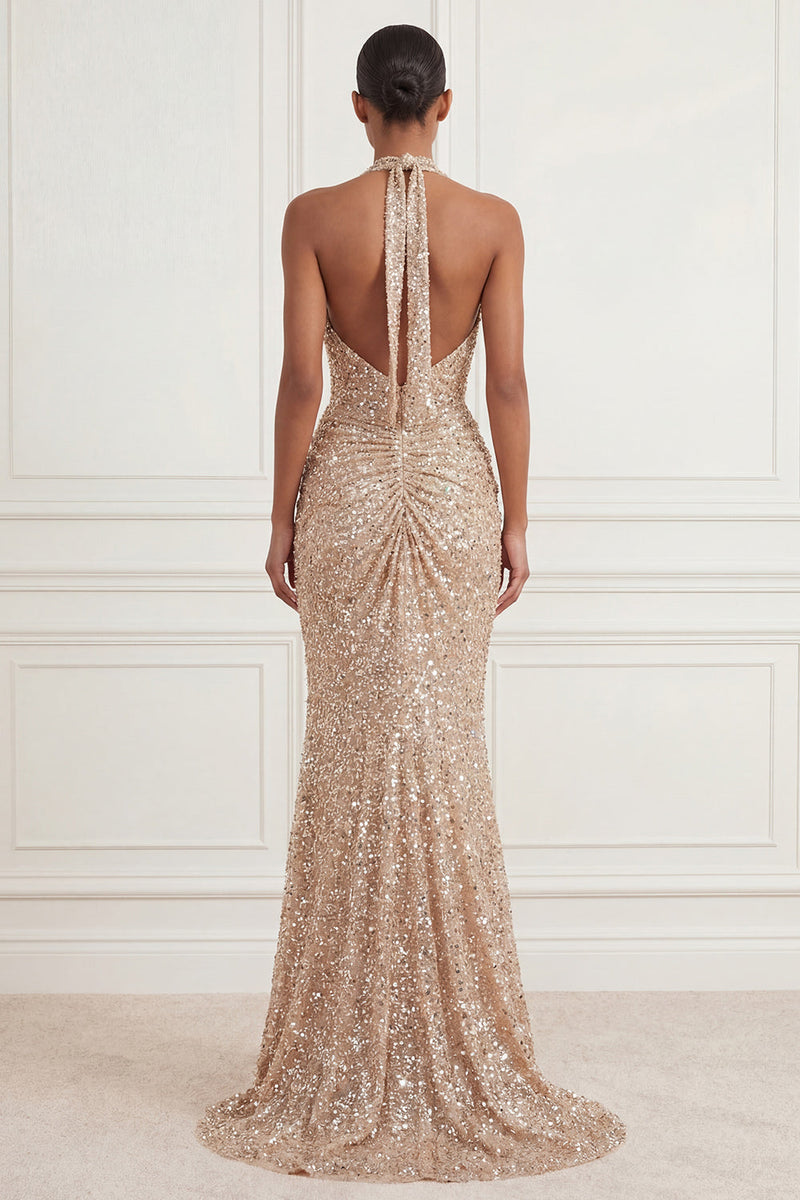 Laden Sie das Bild in den Galerie-Viewer, Glitzerndes Meerjungfrauen-Champagner-Neckholderhals mit gerafftem Pailletten, langes Abschlussballkleid mit Schlitz