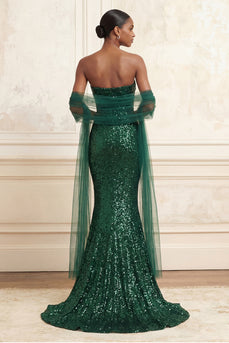 Glitzerndes dunkelgrünes Meerjungfrauen-Trägerloses Pailletten-Langball-Kleid mit Umhang
