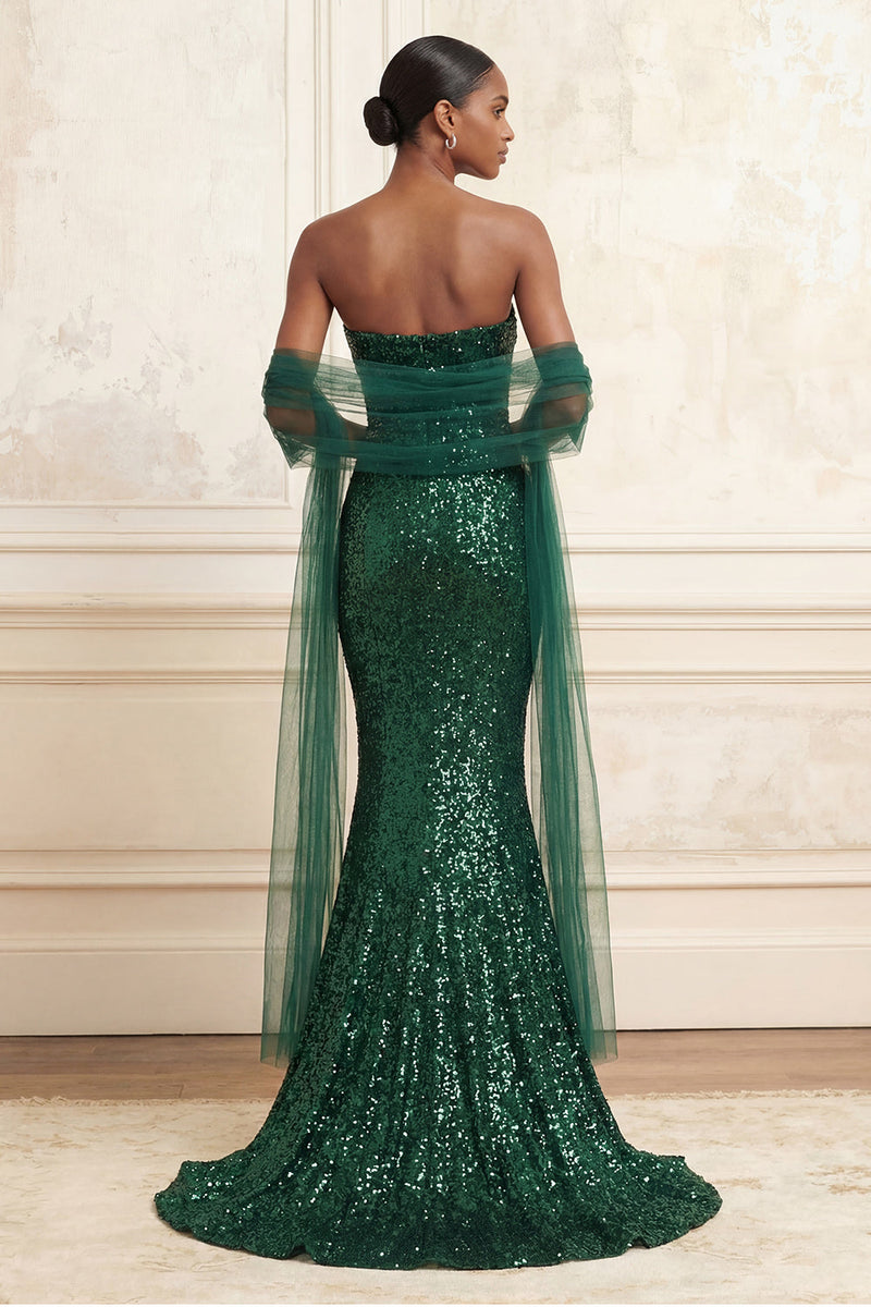 Laden Sie das Bild in den Galerie-Viewer, Glitzerndes dunkelgrünes Meerjungfrauen-Trägerloses Pailletten-Langball-Kleid mit Umhang