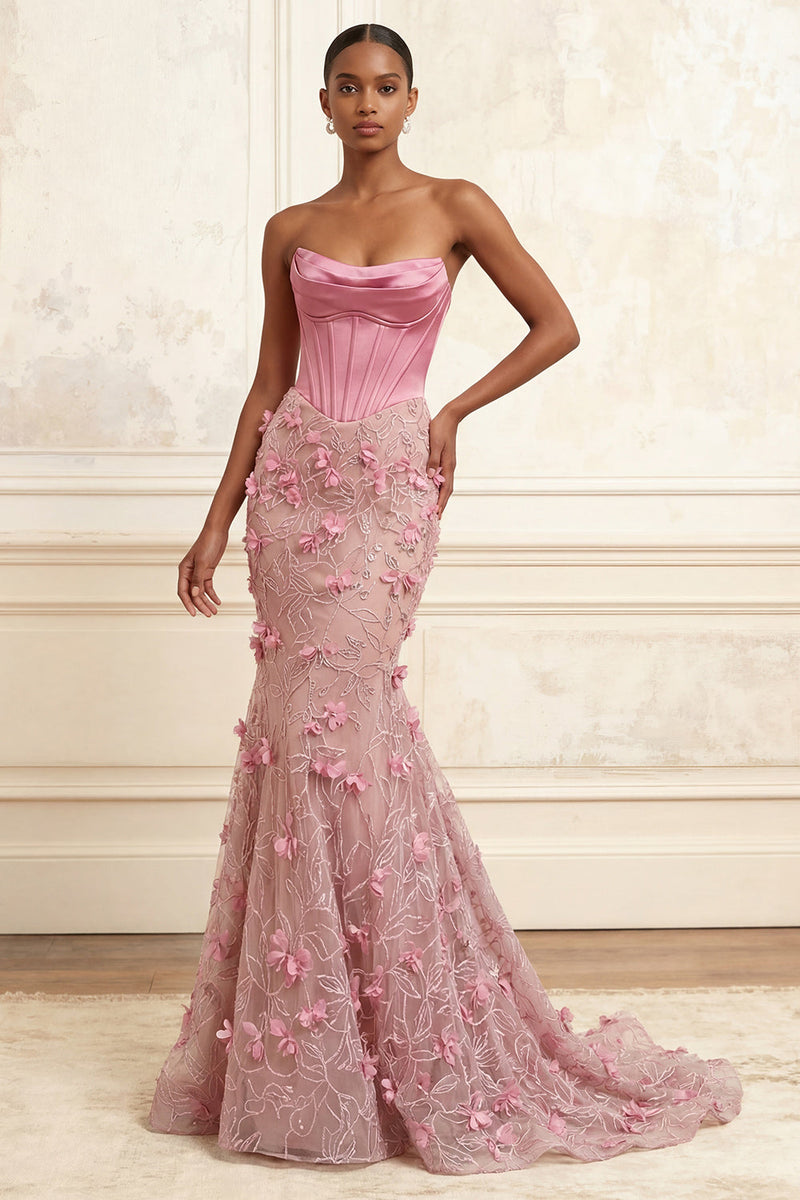 Laden Sie das Bild in den Galerie-Viewer, Meerjungfrauenrosa trägerloses Korsett mit baskischer Taille lange Abschlussballkleid mit 3D-Blumen